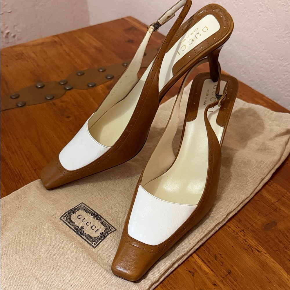 Gucci Two-Tone Brown and White Leather Slingback Heels - Picture 1 of 7